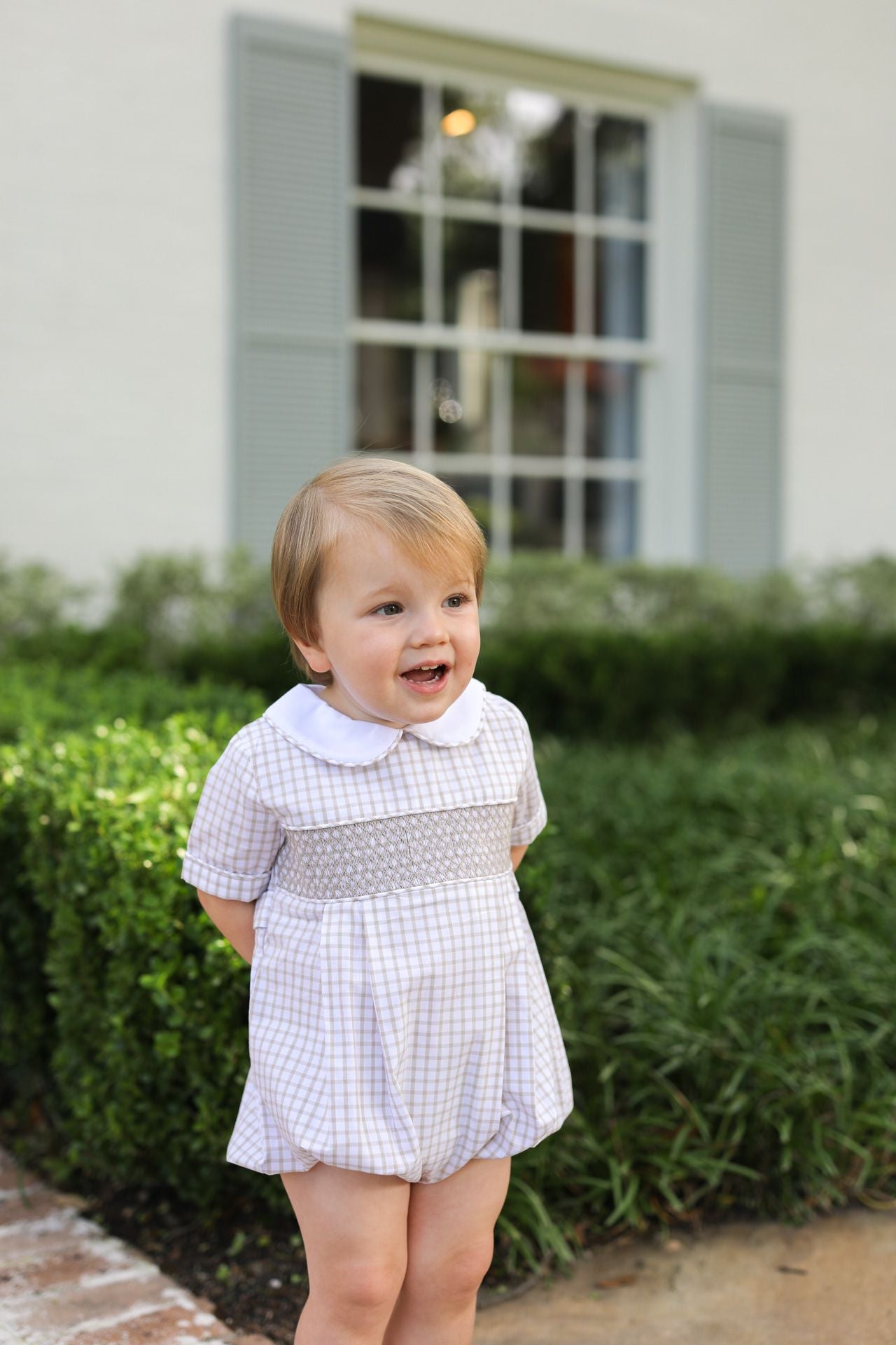 Khaki Windowpane Smocked Bubble