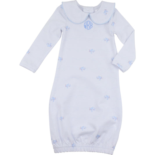 Blue Airplane Print Knit Baby Gown