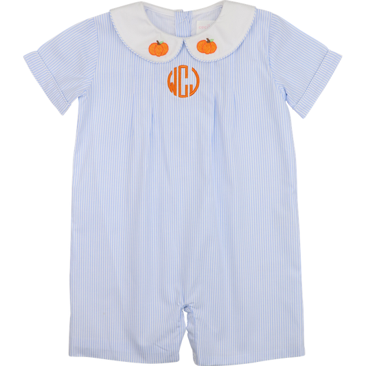 Blue Striped Embroidered Pumpkin Short Romper