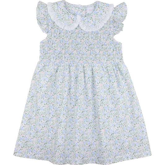 Blue And Green Mini Floral Smocked Dress