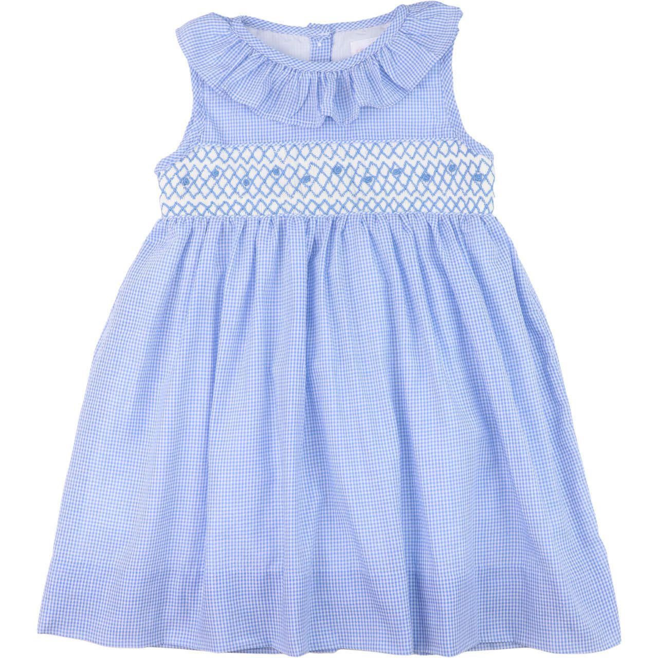 Blue Gingham Seersucker Smocked Rosette Dress