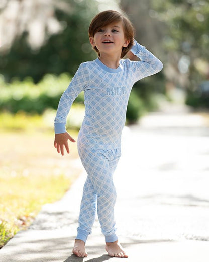 Blue Check Bunny And Bow Knit Pajamas