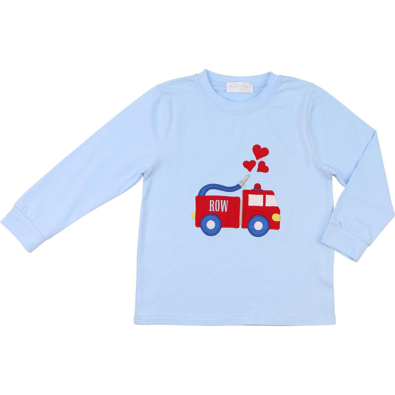 Blue Knit Applique Valentine Firetruck Shirt