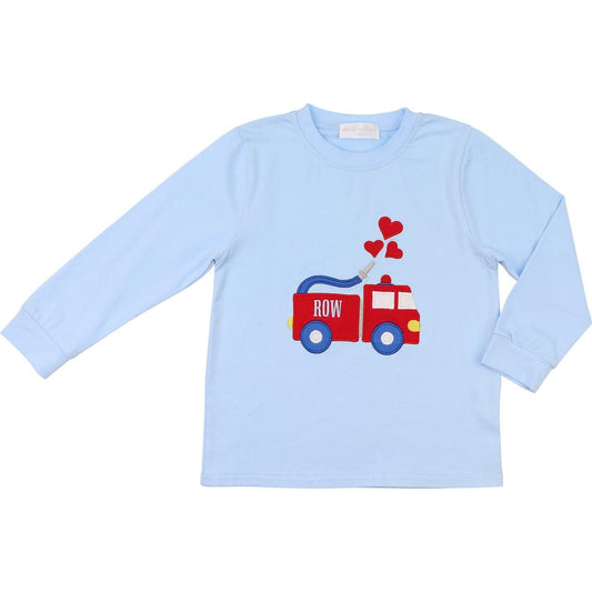 Blue Knit Applique Valentine Firetruck Shirt