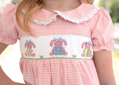 Pink Gingham Seersucker Smocked Easter Bunny Dress