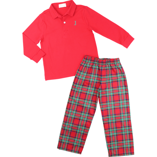 Red And Green Plaid Polo Pant Set