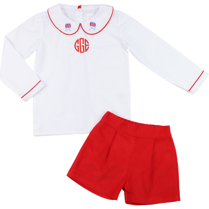 Red And White Embroidered Drummer Boy Short Set