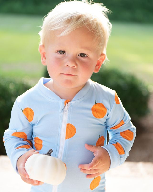 Blue Knit Pumpkin Print Zipper Pajamas