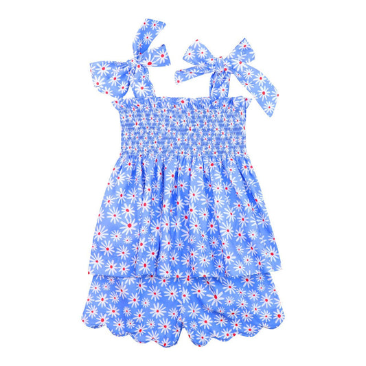 Red, White And Blue Smocked Floral Short Set