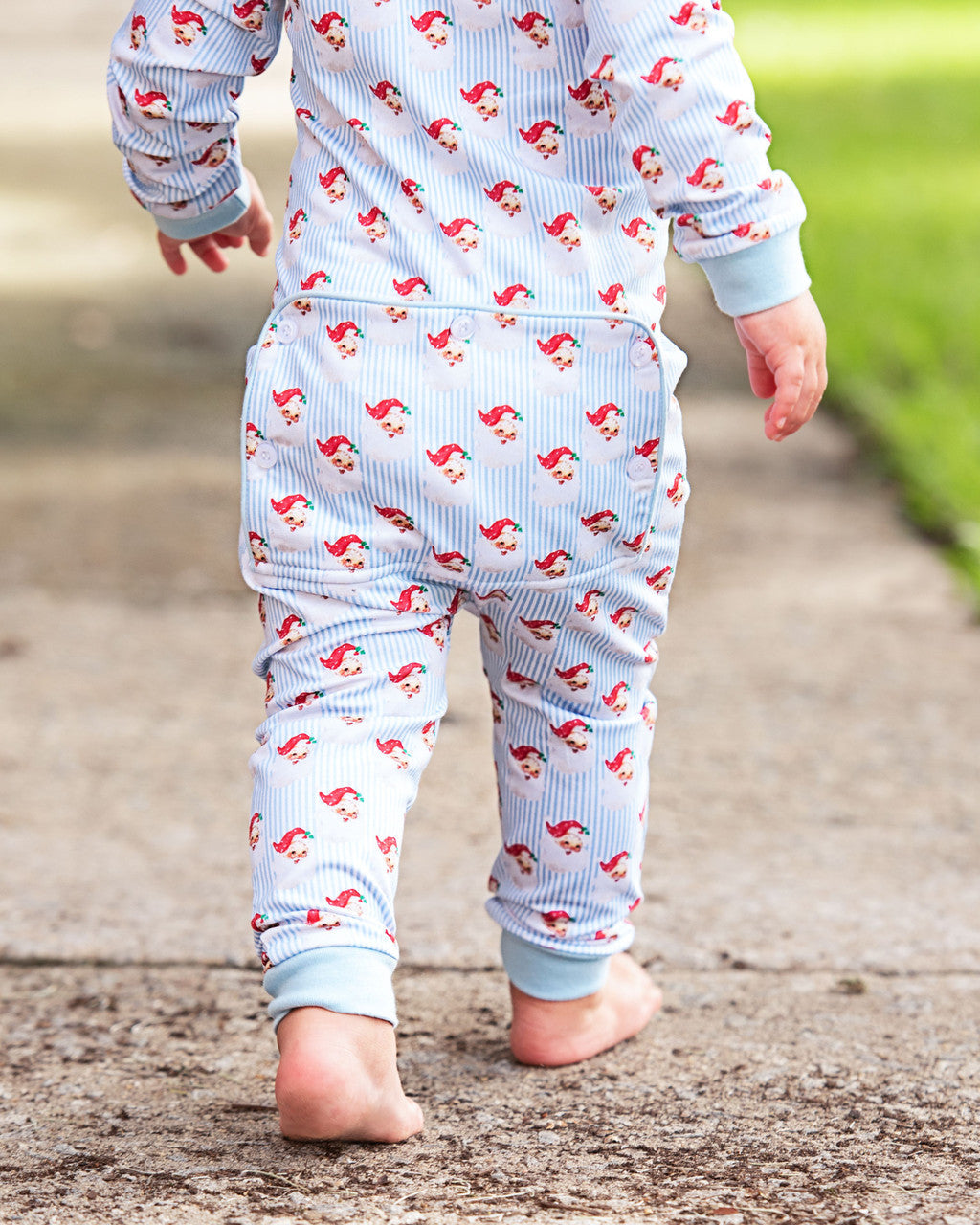 Blue Vintage Santa Print Zipper Pajamas