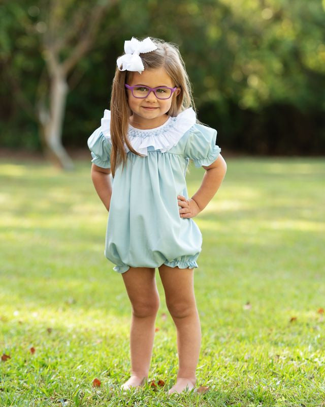 Blue Smocked Ruffle Collar Bubble