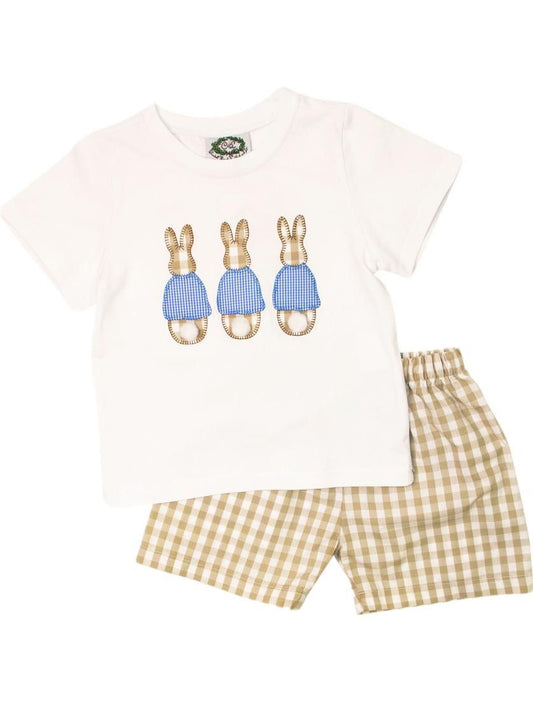 Khaki Check Applique Bunnies Short Set