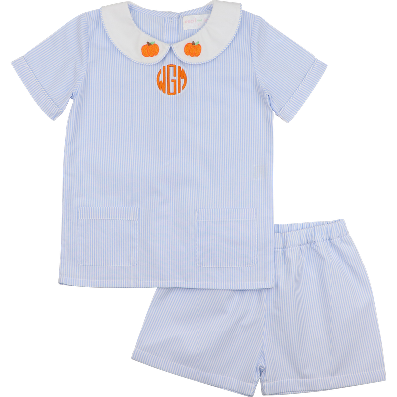 Blue Striped Embroidered Pumpkin Short Set