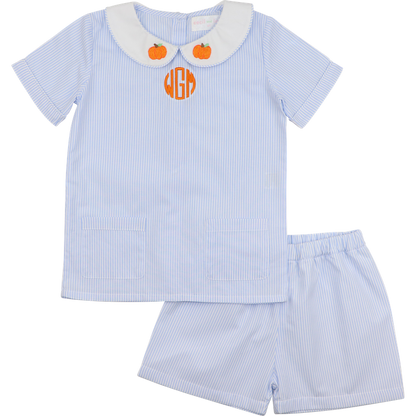 Blue Striped Embroidered Pumpkin Short Set