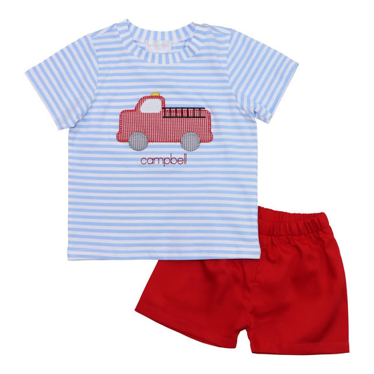 Blue Striped And Red Firetruck Short Set