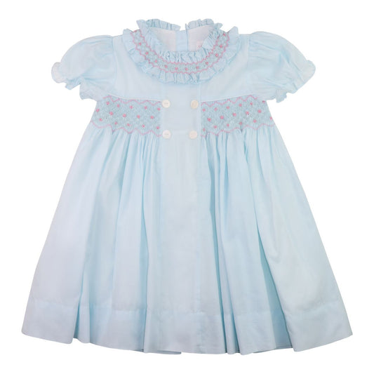 Blue And Pink Smocked Rosette Dress