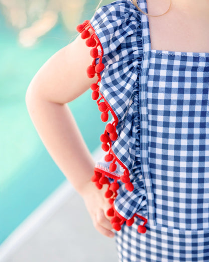 Navy Check Pom Pom Lycra Swimsuit