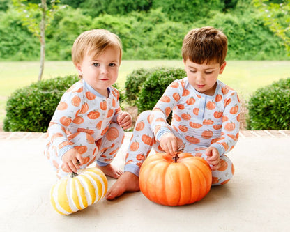 Blue Gingham Knit Pumpkin Zipper Pajamas