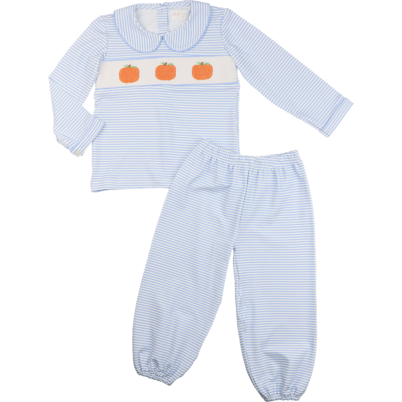 Blue Knit Stripe Smocked Pumpkin Pant Set