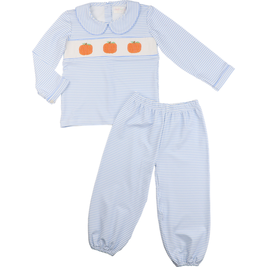 Blue Knit Stripe Smocked Pumpkin Pant Set