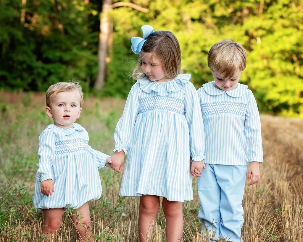 Blue Smocked Striped Corduroy Bubble