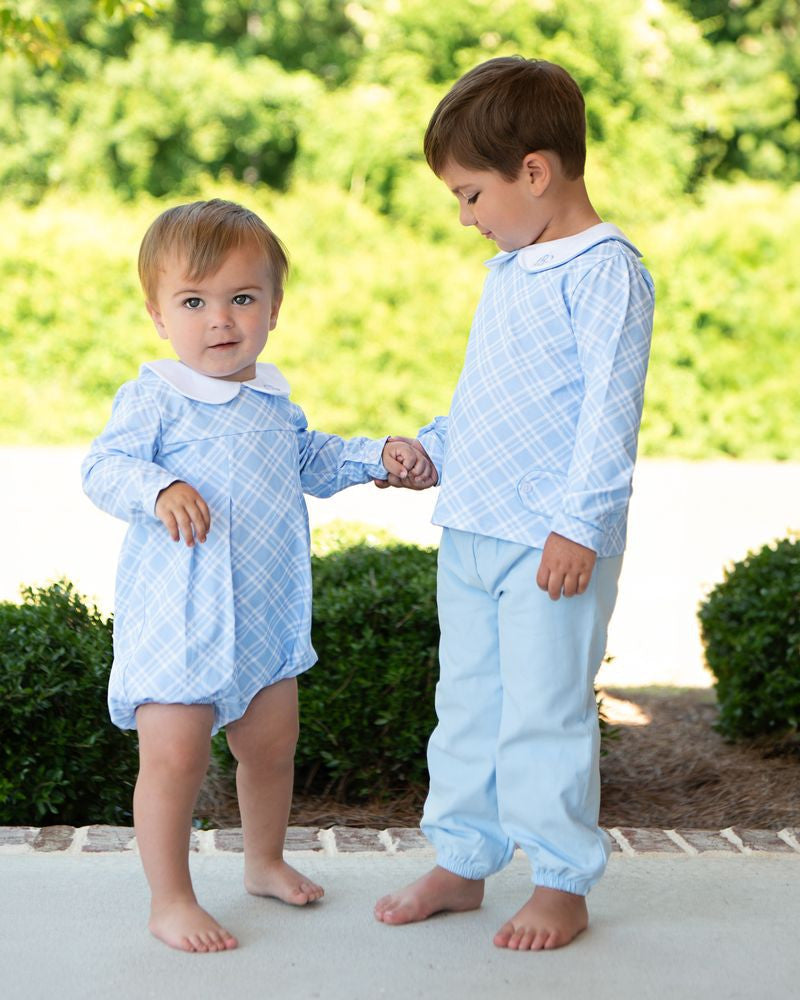 Blue Knit Geometric Plaid And Corduroy Ankle Pant Set