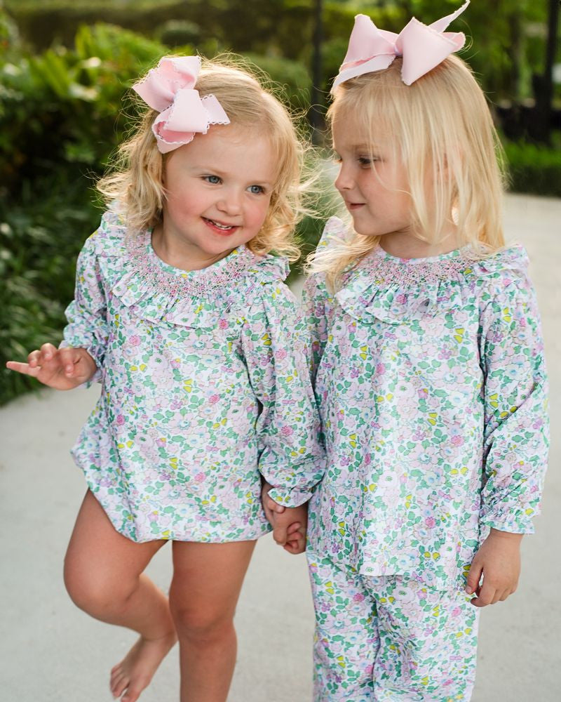 Green And Pink Floral Smocked Bubble