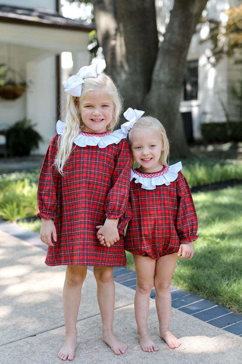 Red Tartan Smocked Flannel Bubble