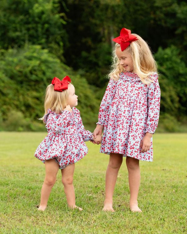 Red And Green Floral Smocked Ruffle Bubble