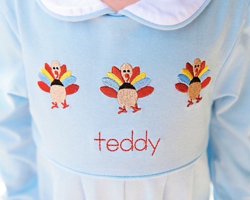 Blue Knit Embroidered Turkey Long Romper