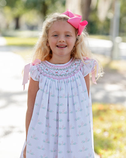 Pink And Green Smocked Bunny Bow Dress