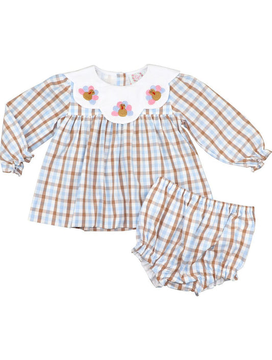 Blue And Brown Check Embroidered Turkey Diaper Set