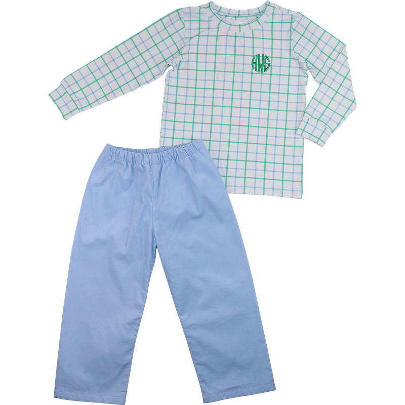 Green And Blue Windowpane Corduroy Pant Set