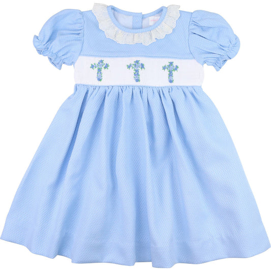 Blue Honeycomb Eyelet Smocked Cross Dress