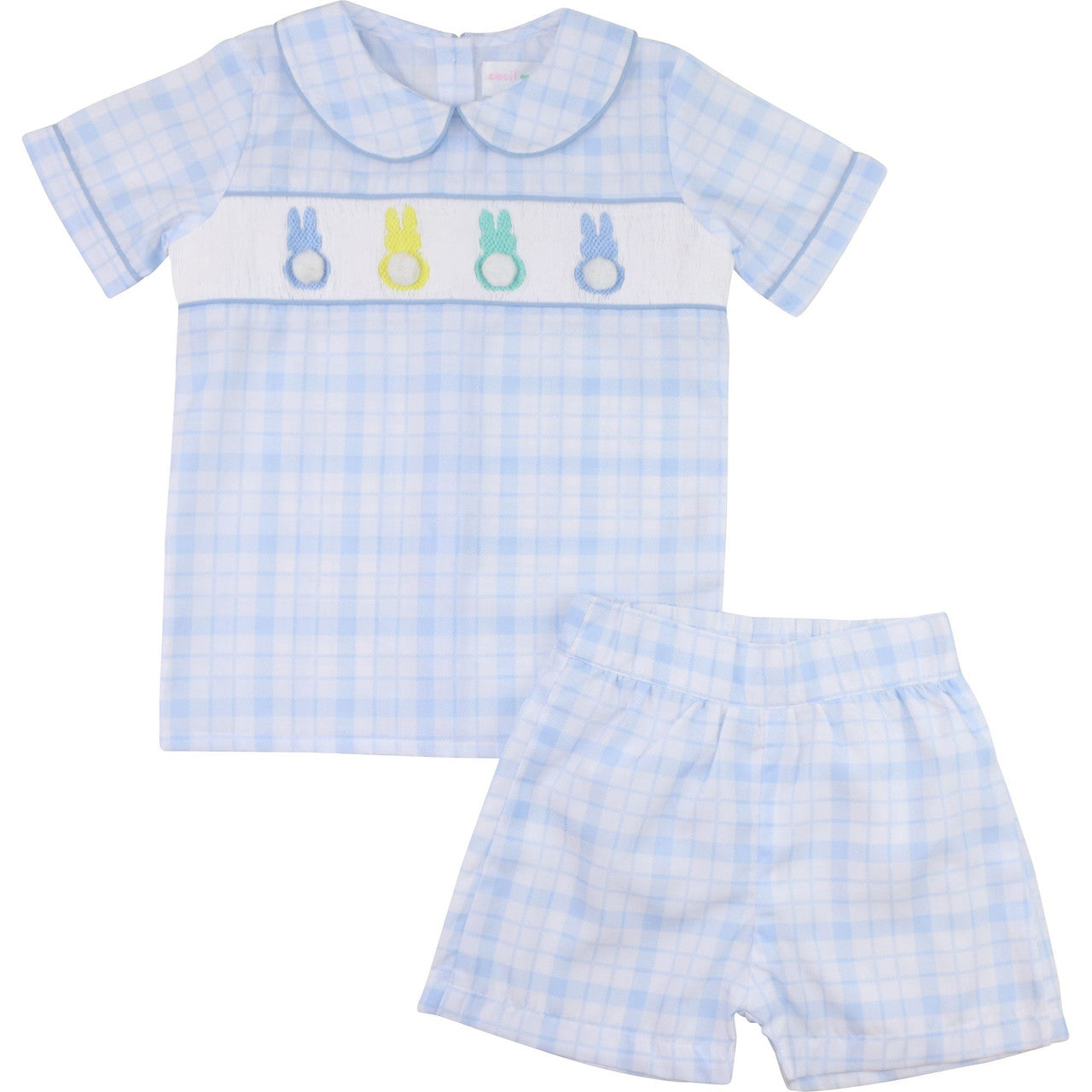 Blue Plaid Smocked Bunnies Short Set