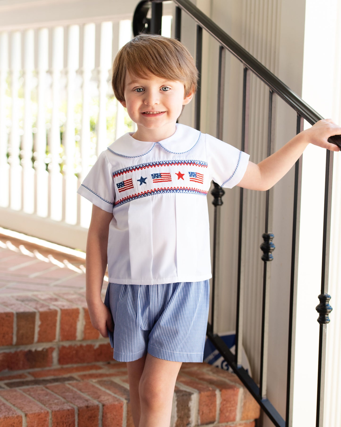 Navy Gingham Smocked Flag And Star Short Set