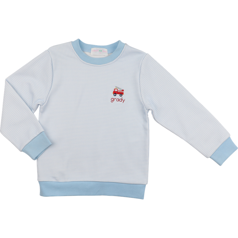 Blue Gingham Embroidered Firetruck Sweatshirt