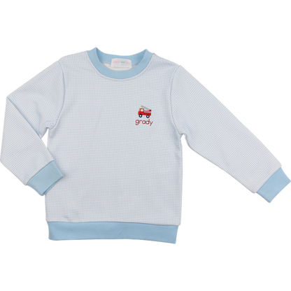 Blue Gingham Embroidered Firetruck Sweatshirt