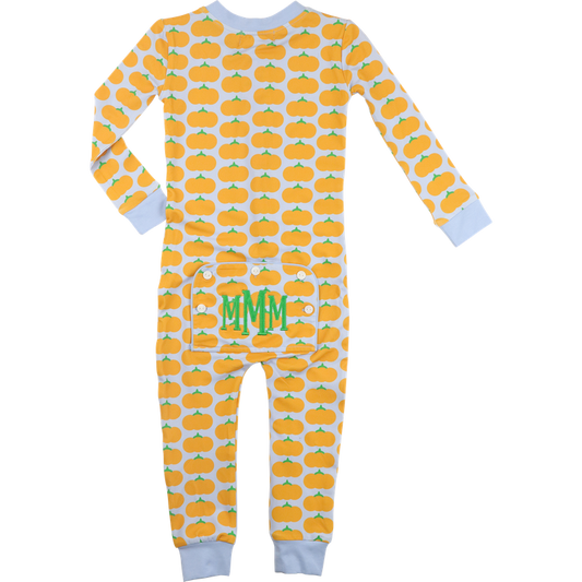 Blue And Orange Pumpkin Print Knit Zipper Pajamas