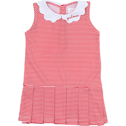 Red Stripe Scalloped Collar Lycra Tennis Dress