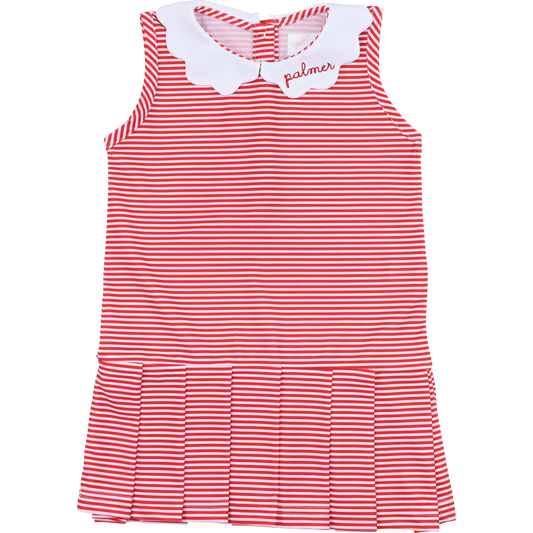 Red Stripe Scalloped Collar Lycra Tennis Dress