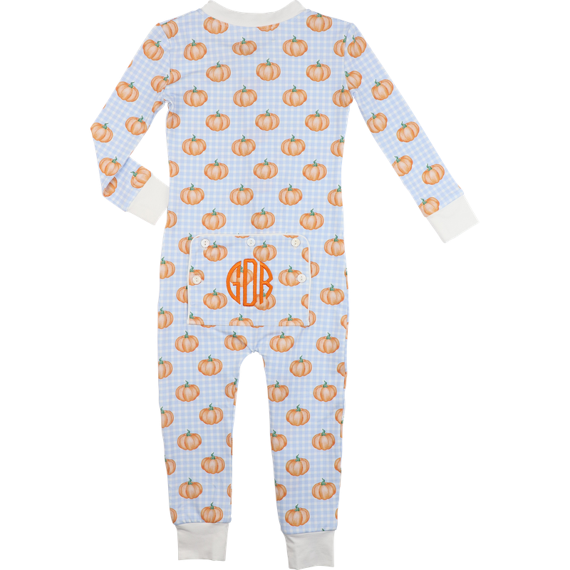 Blue Check Pumpkin Print Knit Zipper Pajamas