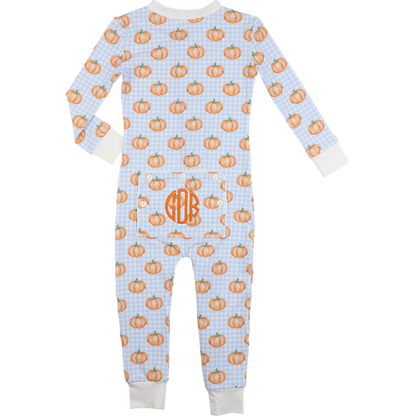 Blue Check Pumpkin Print Knit Zipper Pajamas