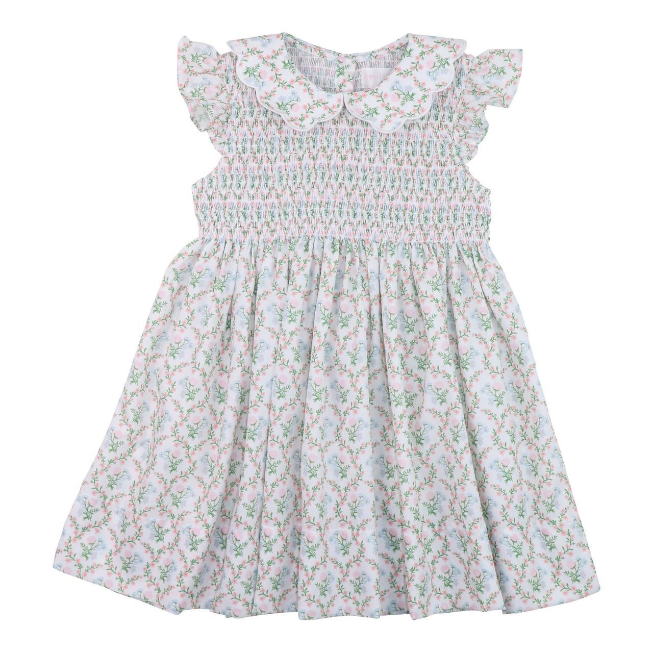 Floral Scalloped Collar Smocked Dress