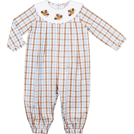 Blue And Brown Check Embroidered Turkey Long Romper