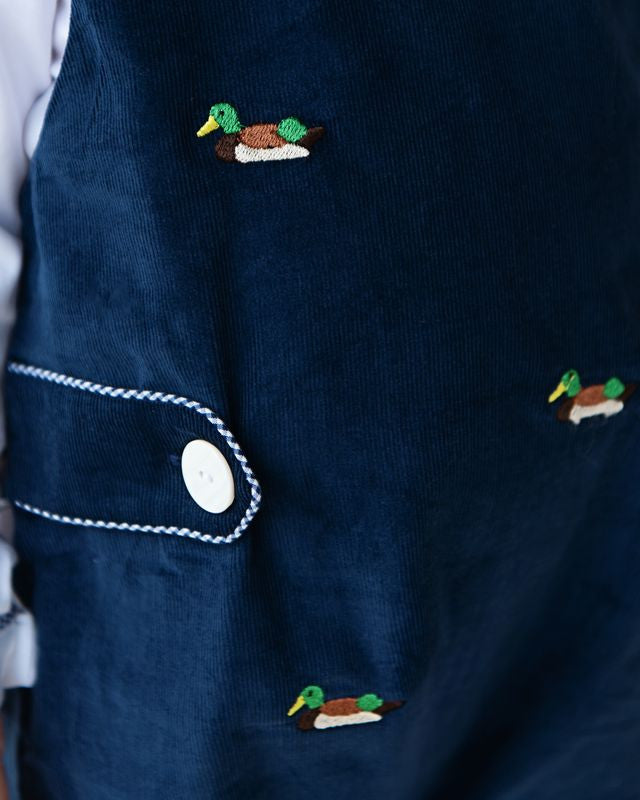 Navy Corduroy Embroidered Mallard Long Romper Set