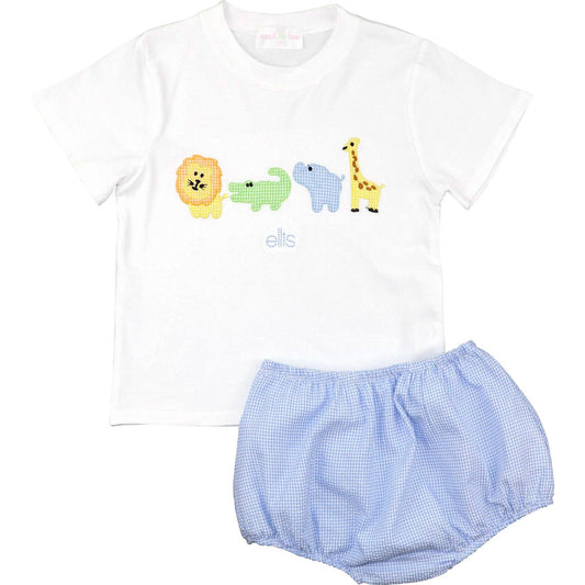 Blue Gingham Zoo Animals Diaper Set