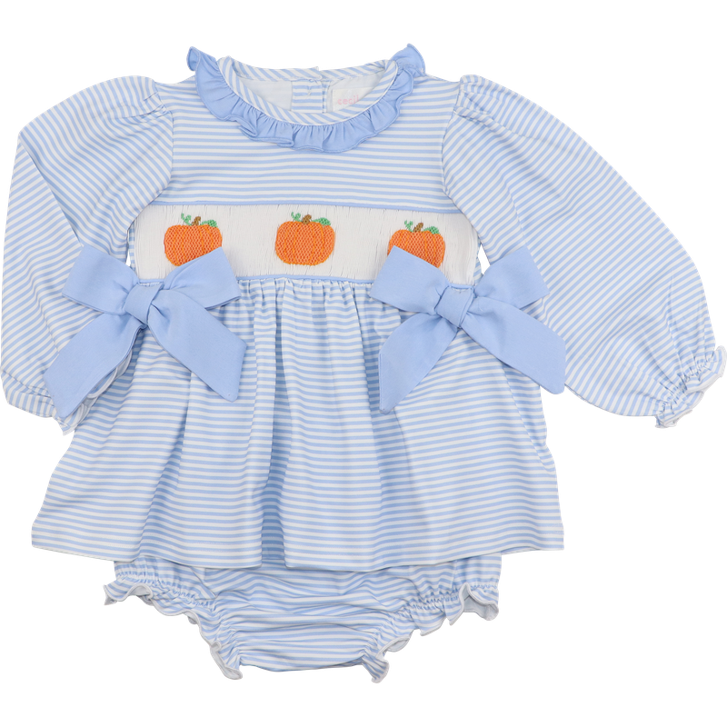 Blue Knit Stripe Smocked Pumpkin Diaper Set