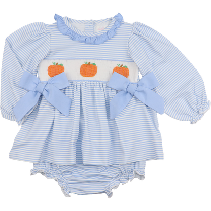 Blue Knit Stripe Smocked Pumpkin Diaper Set