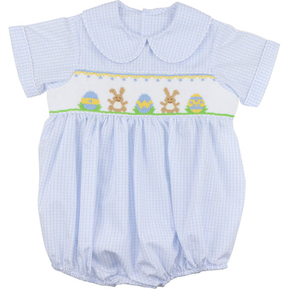 Boy's Blue Windowpane Smocked Bunny And Egg Bubble